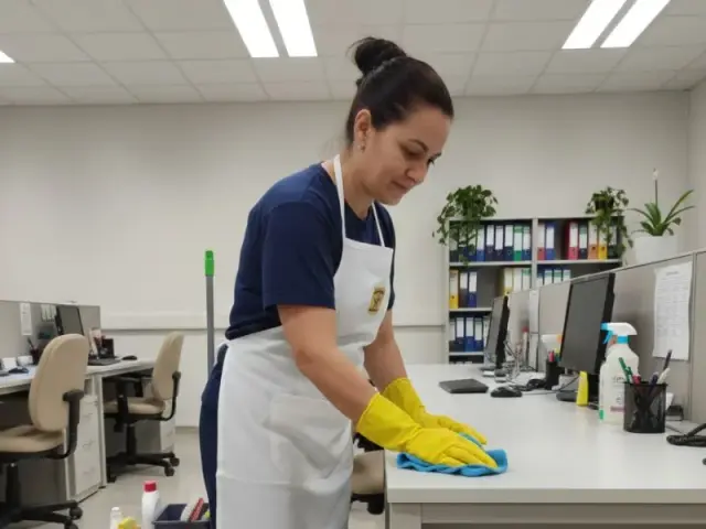 Equipe de limpeza profissional em ambiente corporativo