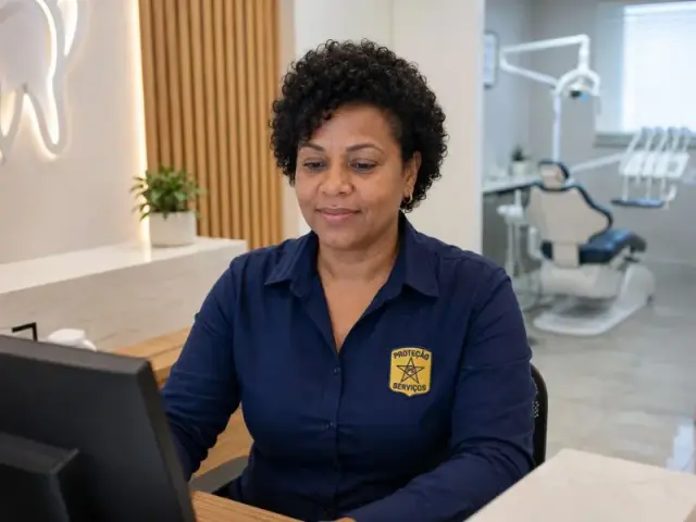 Recepcionista da PS Proteção atendendo em portaria corporativa